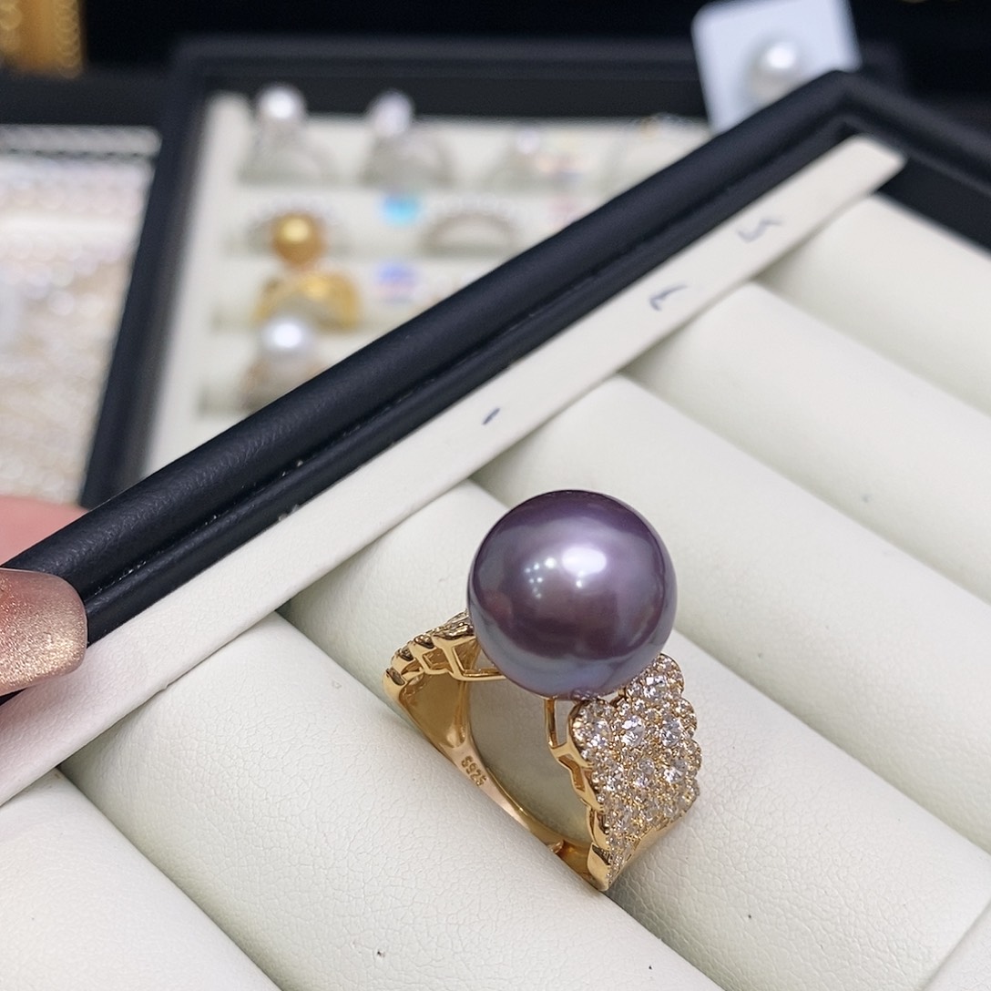 淡水珍珠戒指银S925镶嵌妮**色13-14m m