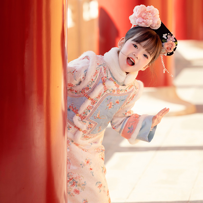 萌乎【青黛】女童国风织锦刺绣加厚格格服旗袍两件套-234240