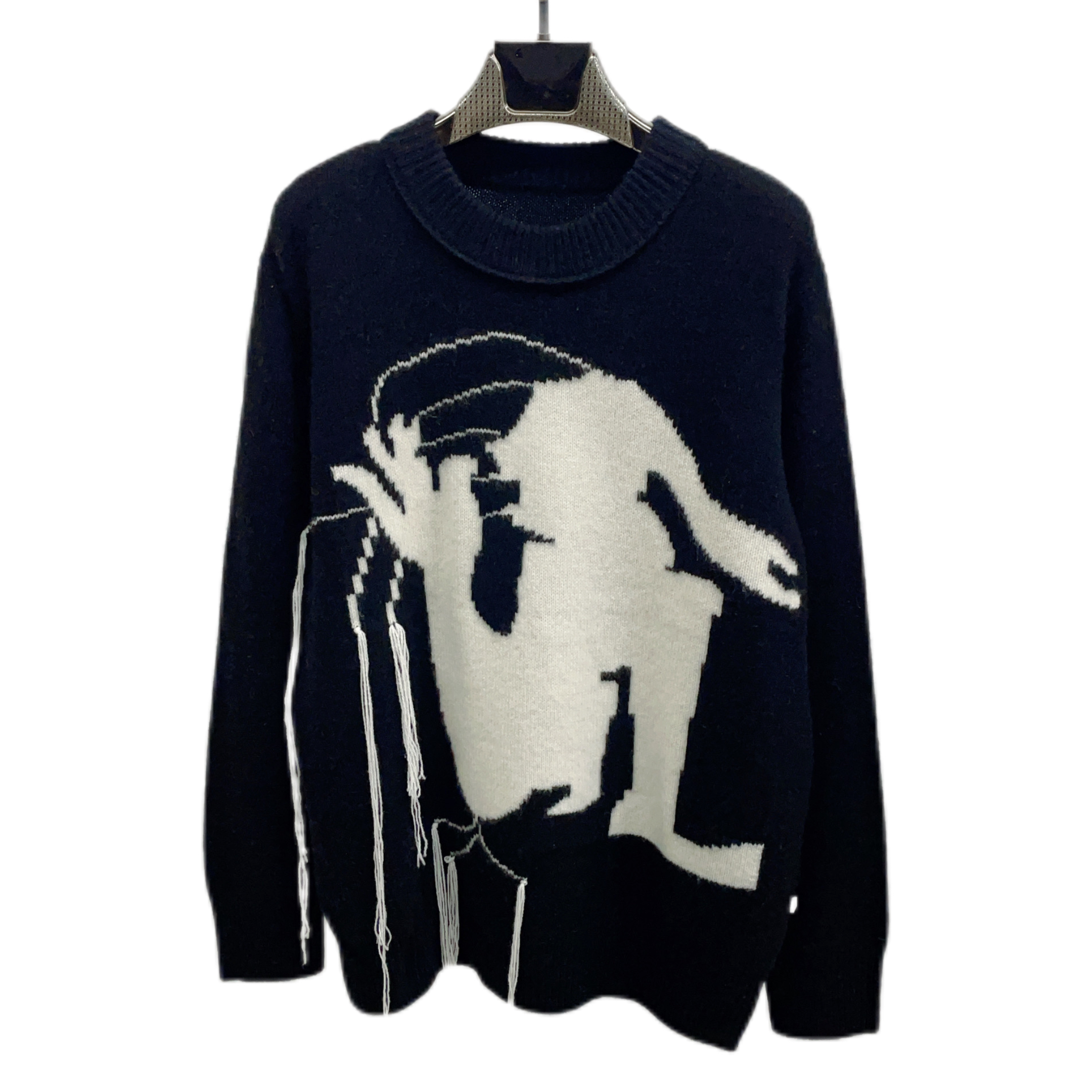 依家——3324黑白色圆领几何设计全毛宽松休闲套头女士毛衣