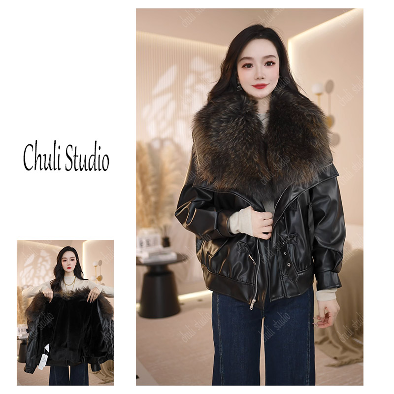 【ChuLi】2025冬新款机车夹克大毛领皮毛一体外套女加绒皮衣夹克