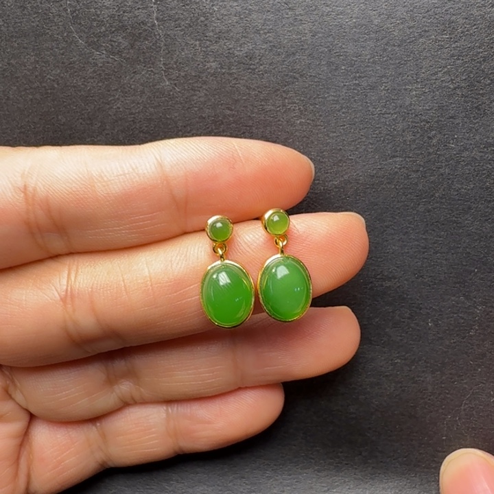 和田玉（碧玉）银S925镀金镶嵌耳饰