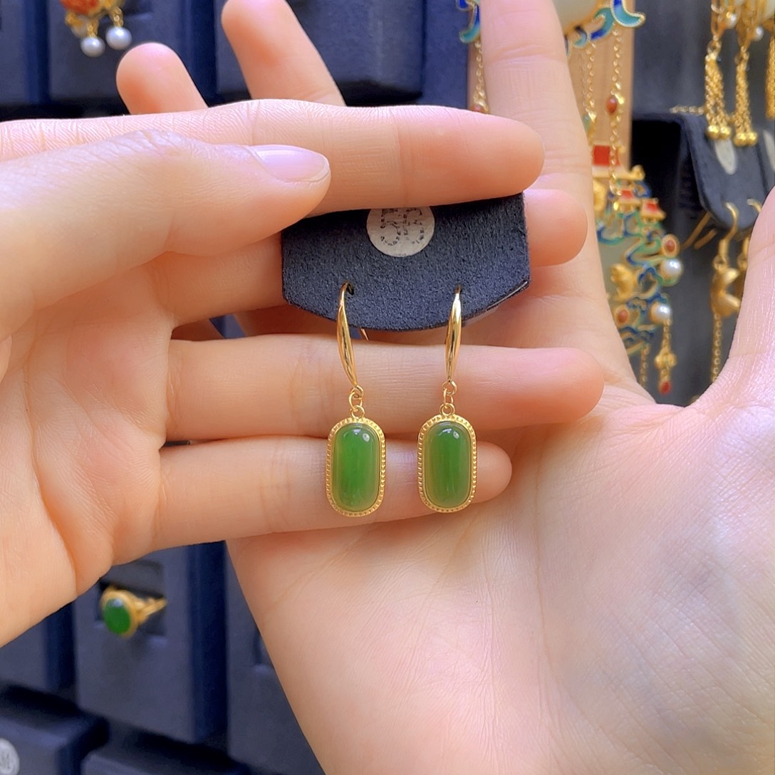 和田玉耳饰银S925镀金镶嵌