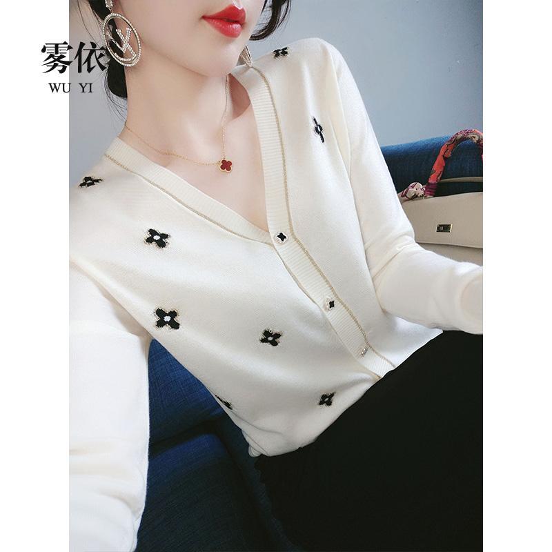 大码女装V领针织开衫女显瘦春秋宽松时尚外套女8075