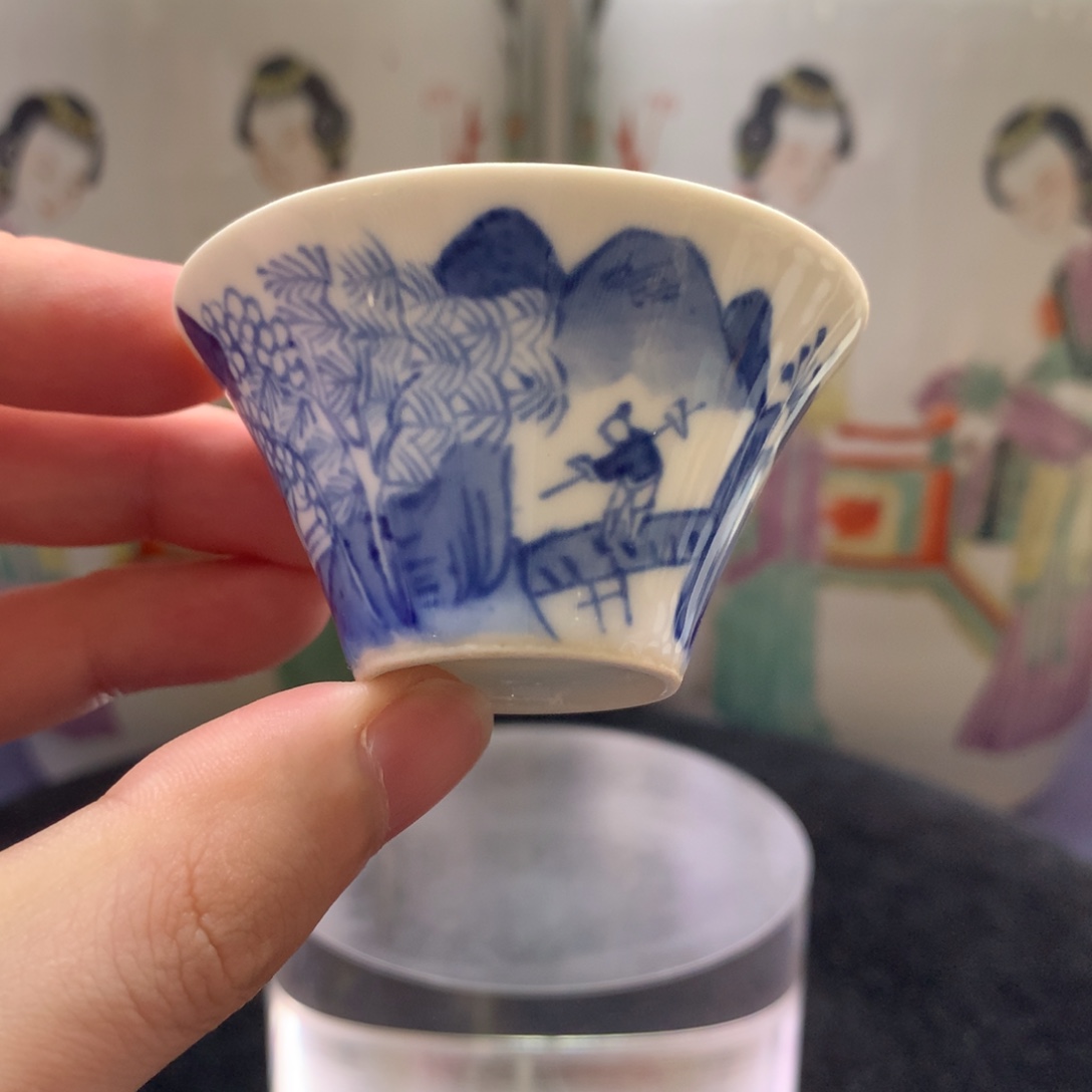 杯子12608瓷器—青花山水人物主人杯