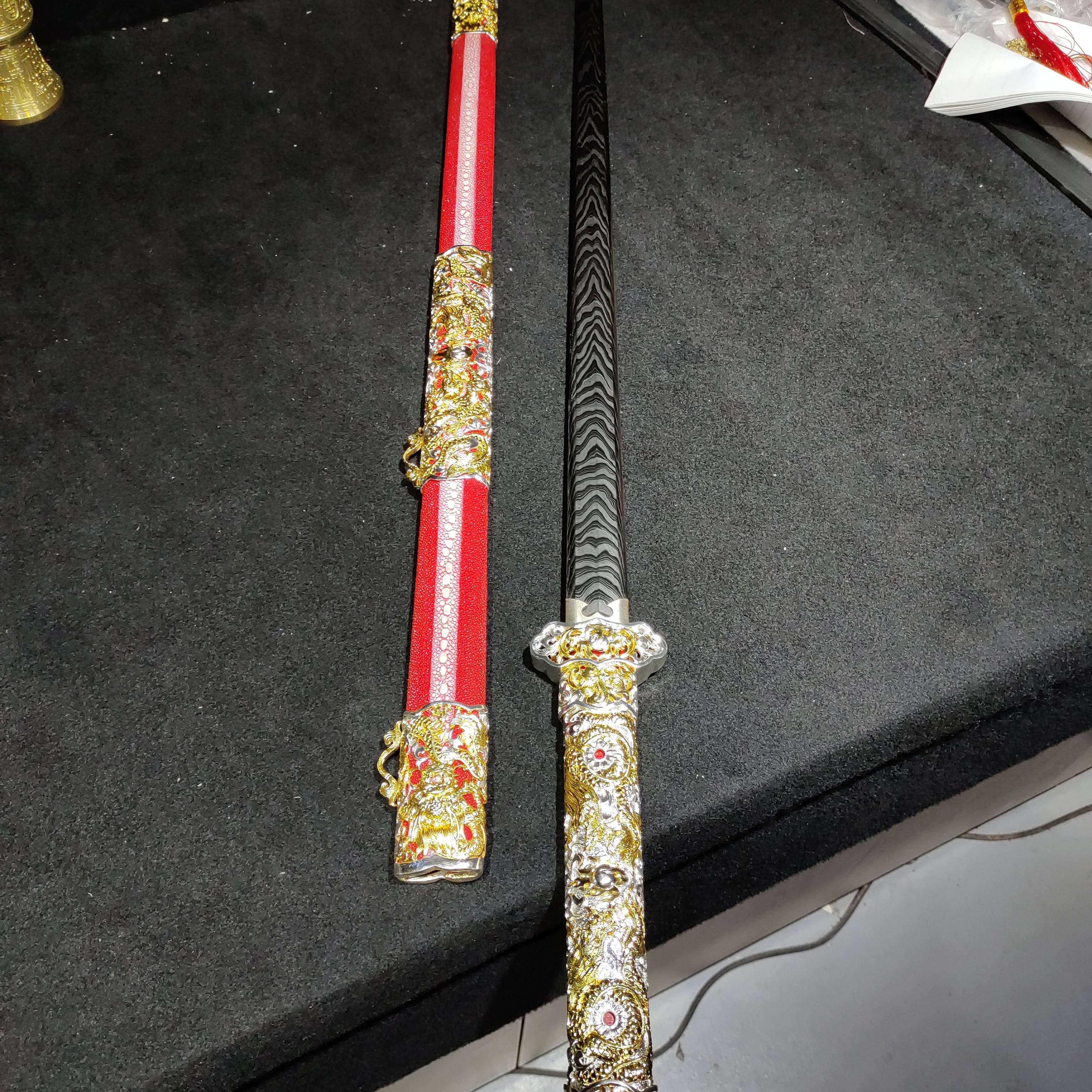 手工锻打陨铁鱼皮珍珠山水纹唐剑未开刃适合收藏
