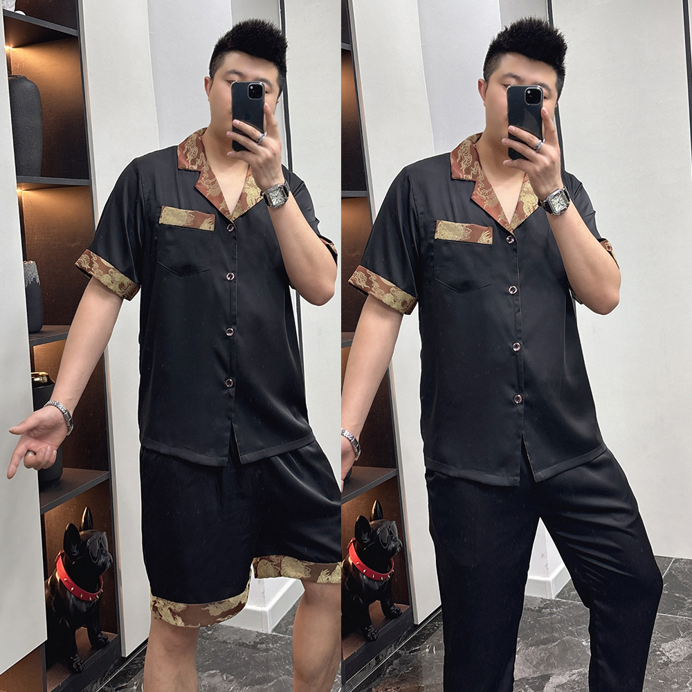 男士大码冰丝薄款休闲奢华睡衣套装2025夏季可外穿家居服两件套潮