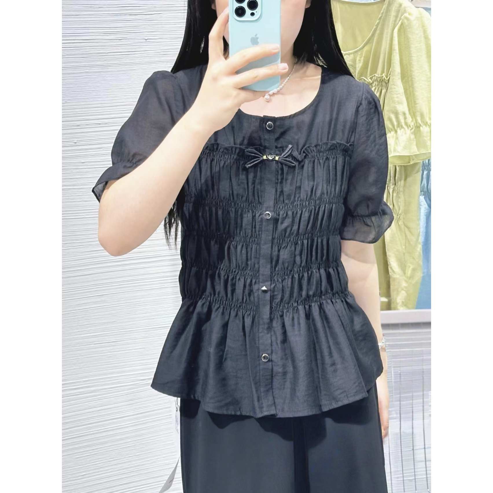 夏季大码女装880圆领松紧短款打底衫荷叶边衬衫女上衣