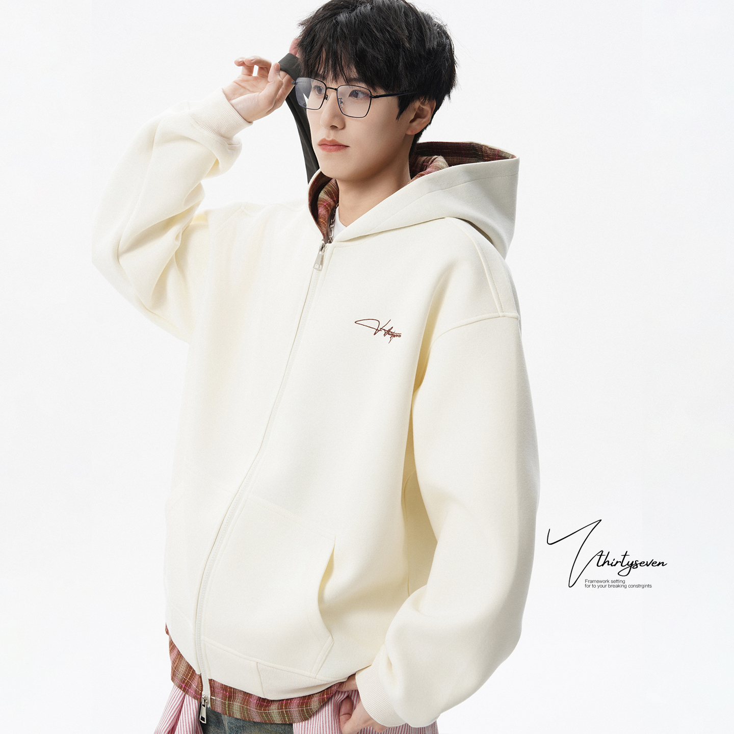 V37美式假两件开衫外套男秋季青少年格子休闲夹克宽松运动卫衣潮