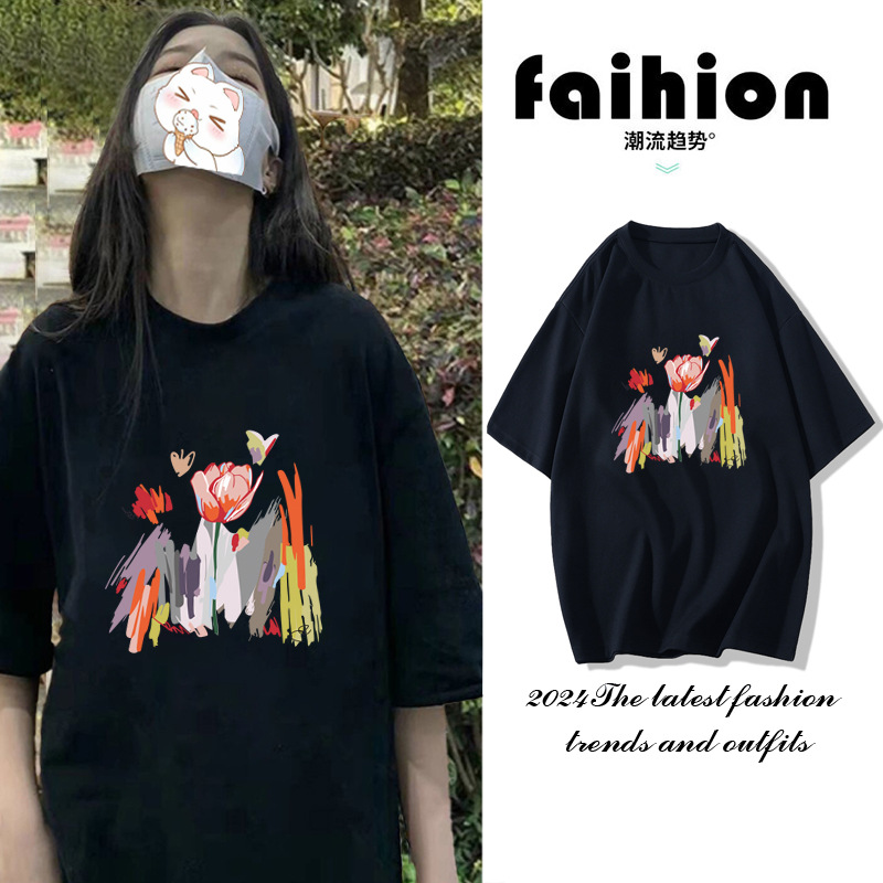 短袖油画t恤女2024新款夏季潮流设计感衣服男女装体恤宽松纯棉印i