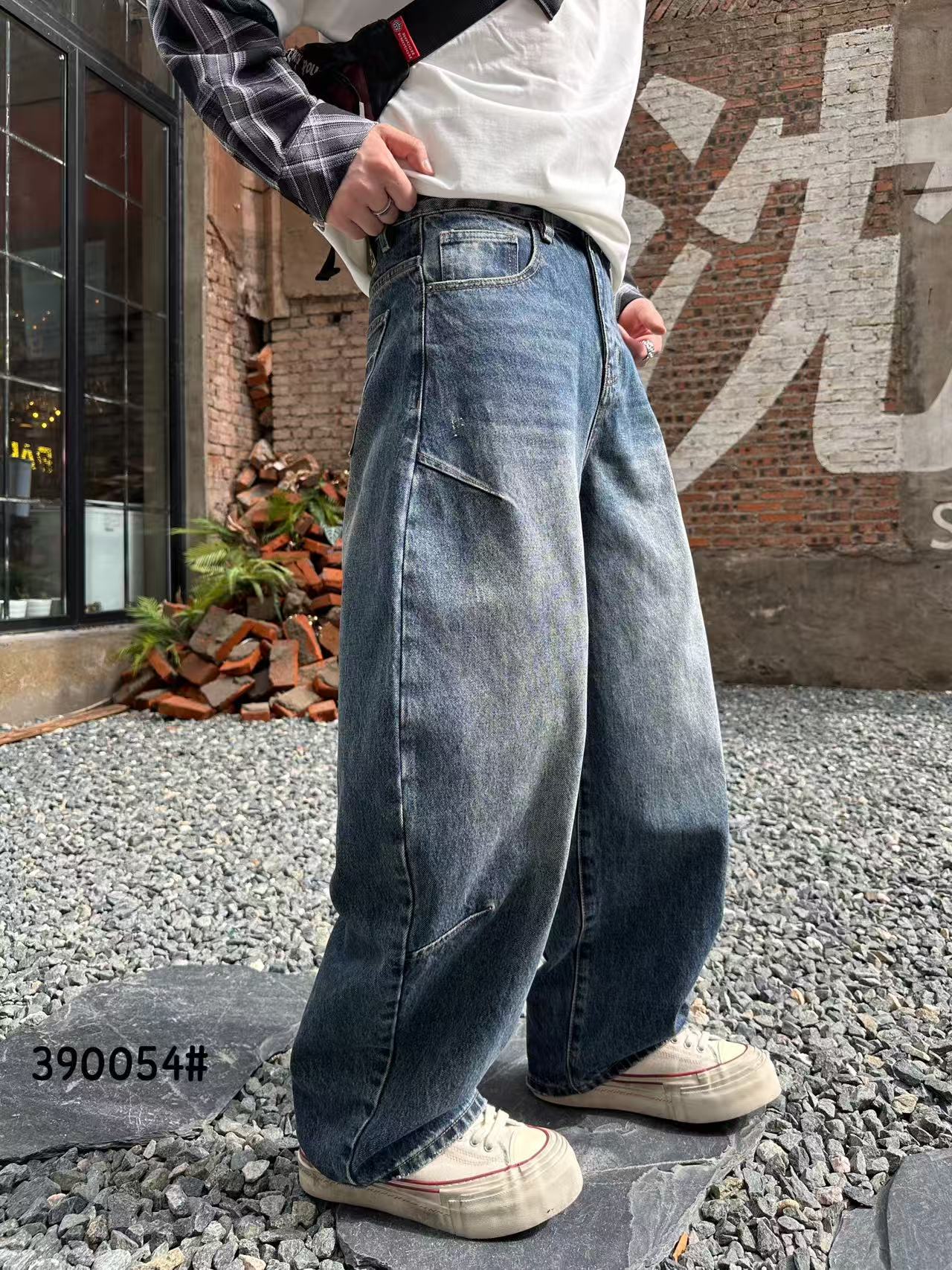 美式复古直筒牛仔裤重工洗水擦猫须重磅宽松裤子做旧长裤390054