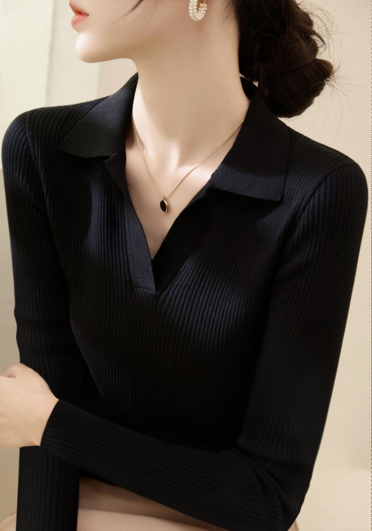 1271Y【羊毛】秋季薄款羊毛polo长袖修身针织衫女装新款