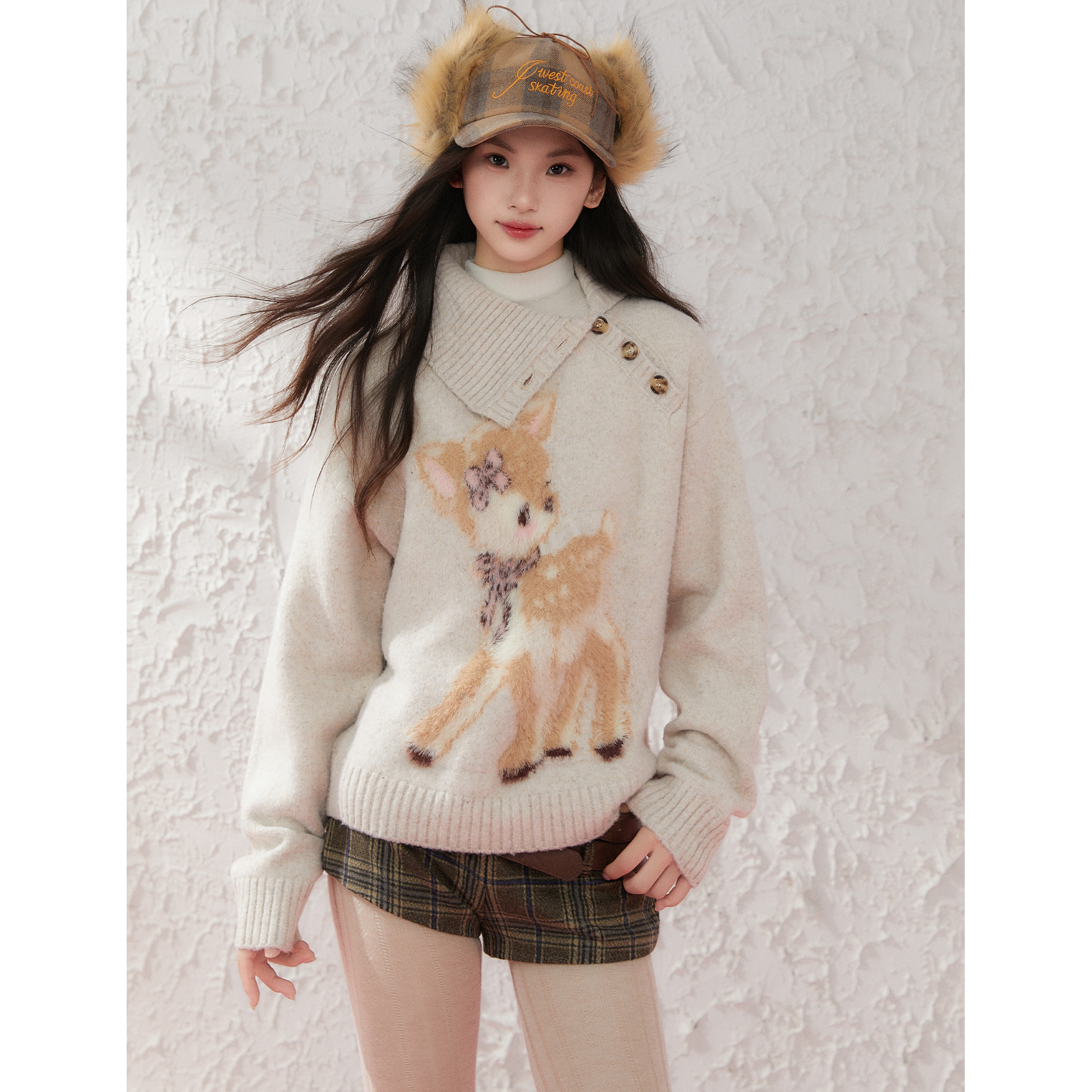 ECHOSTA小鹿立体提花毛衣设计修身显瘦可爱百搭毛绒休闲套头外套