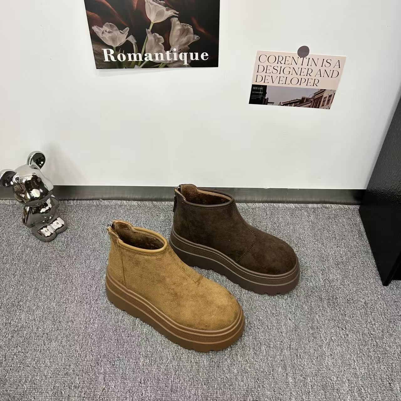 小个子厚底增高薄绒勃肯鞋女2025年新款百搭后拉链配裙子勃肯短靴