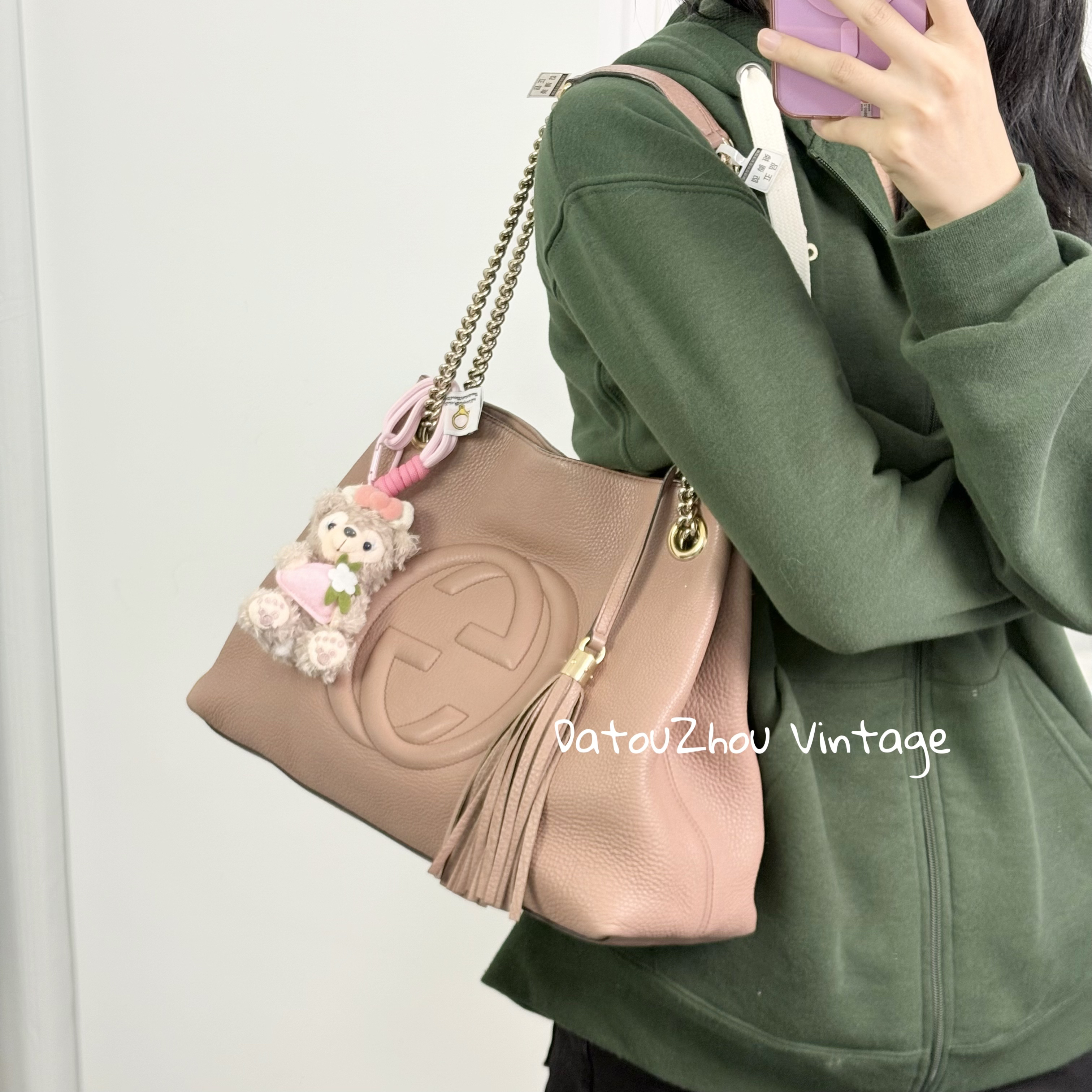 95新 GUCCI/古驰 藕粉色soho单肩斜挎包li 