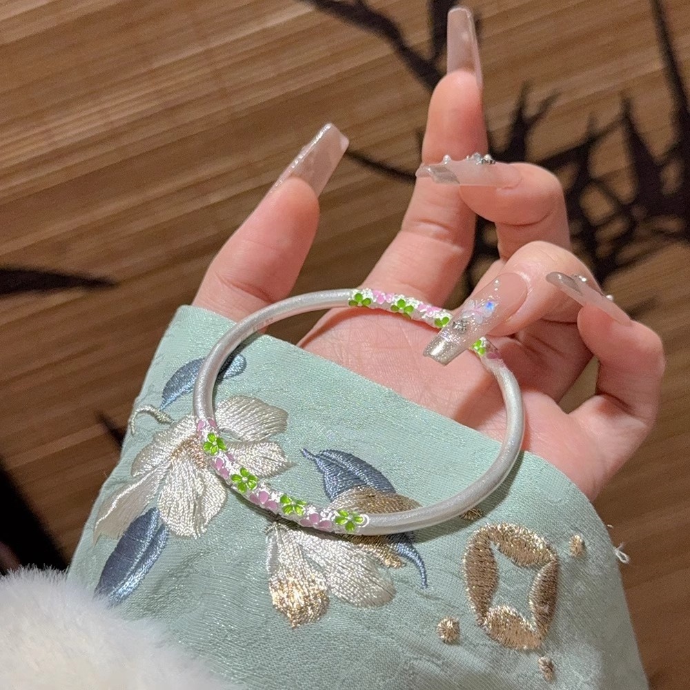 足银手镯 花朵珐琅彩卷草纹纯银手镯999实心闭口银镯子情人节礼物
