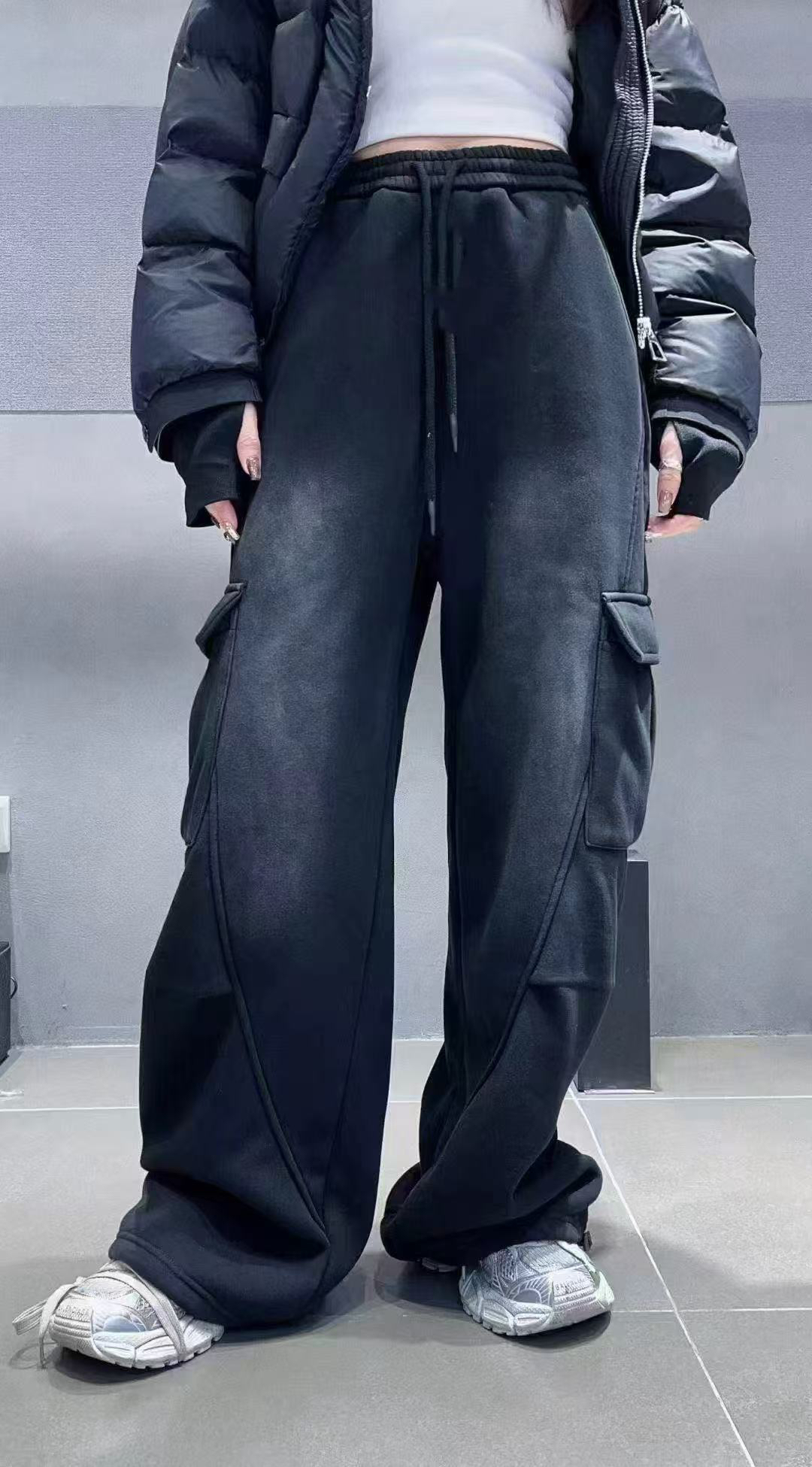 欧货水洗直筒裤口袋潮休闲裤阔腿裤子