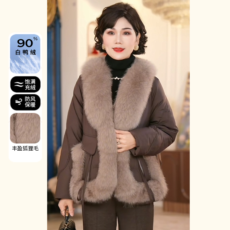 2024新款妈妈装真狐狸毛冬装90白鸭绒羽绒服气质中老年女装外套