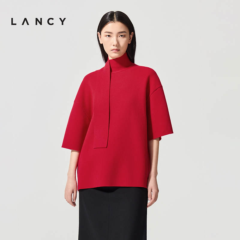 【马踏春风】LANCY/朗姿2026春新款羊毛新年红飘带半袖廓形针织衫
