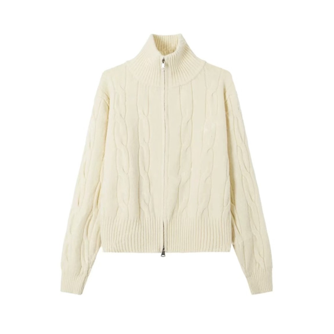 5079秋冬纯色高领开衫毛衣女针织短款麻花加厚外套