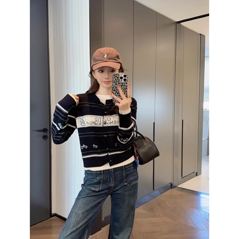 【大静静】“海蓝玫瑰”秋冬显瘦撞色圆领羊毛针织开衫