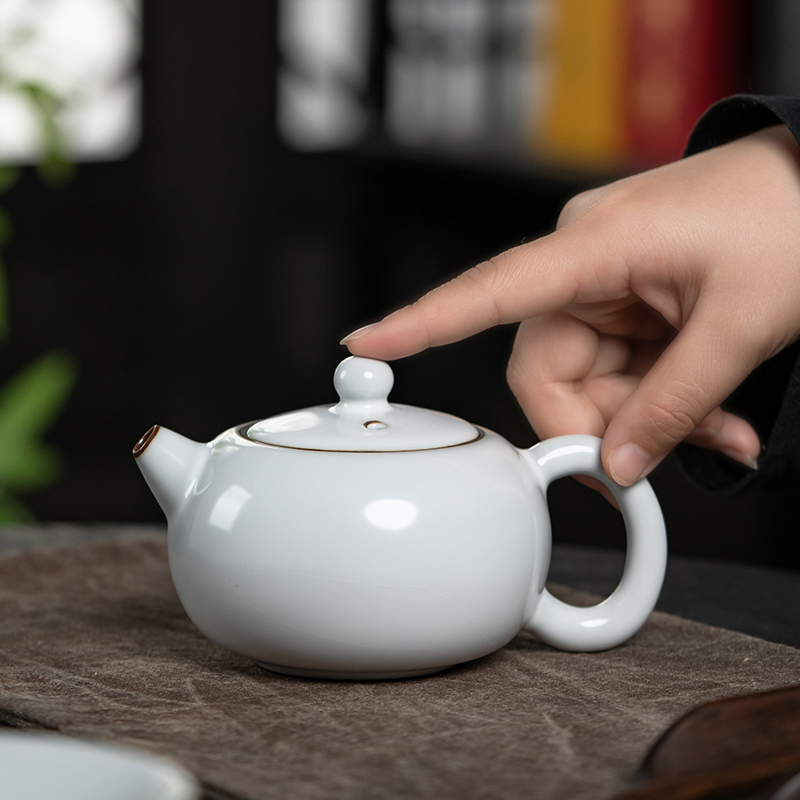 弘茗道 西施壶 高端铁胎月白汝窑开片茶壶陶瓷复古泡茶大容量单壶