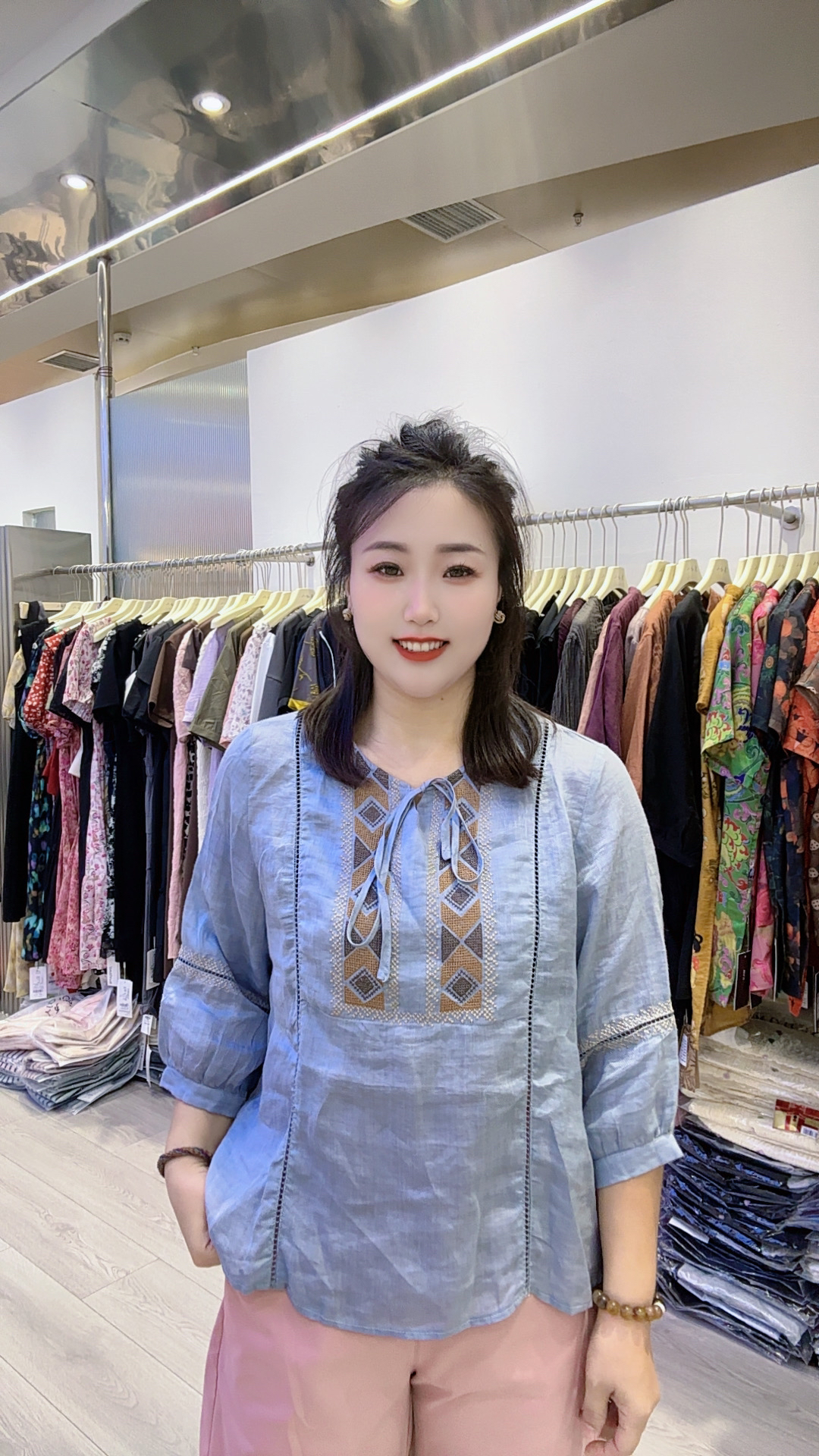 6069苎麻七分袖刺绣系带衬衫文艺气质百搭减龄