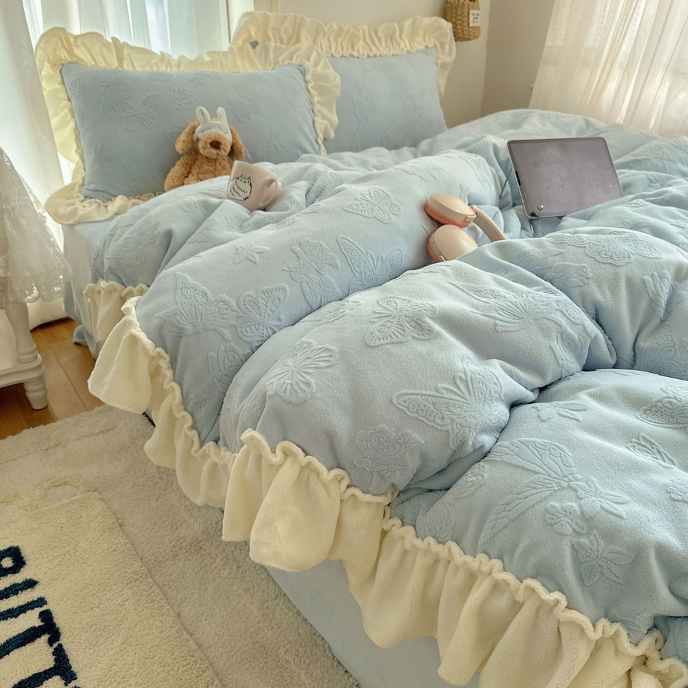 冬季公主风花边牛奶绒四件套珊瑚绒被套双面法兰绒床单床上三件套