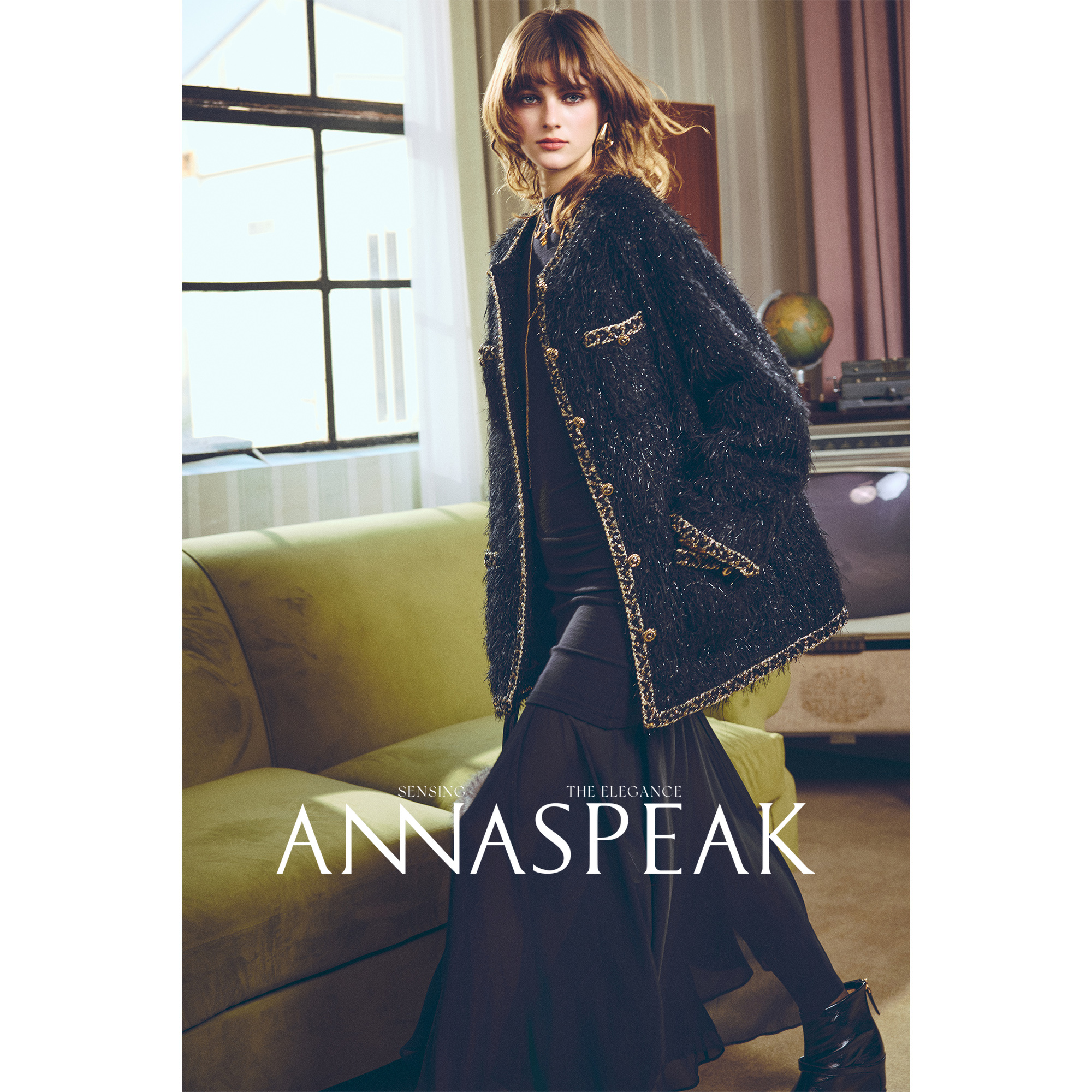 ANNASPEAK流光赴会 高定手工工坊艺术镶边羽毛纱羊毛小香短大衣女