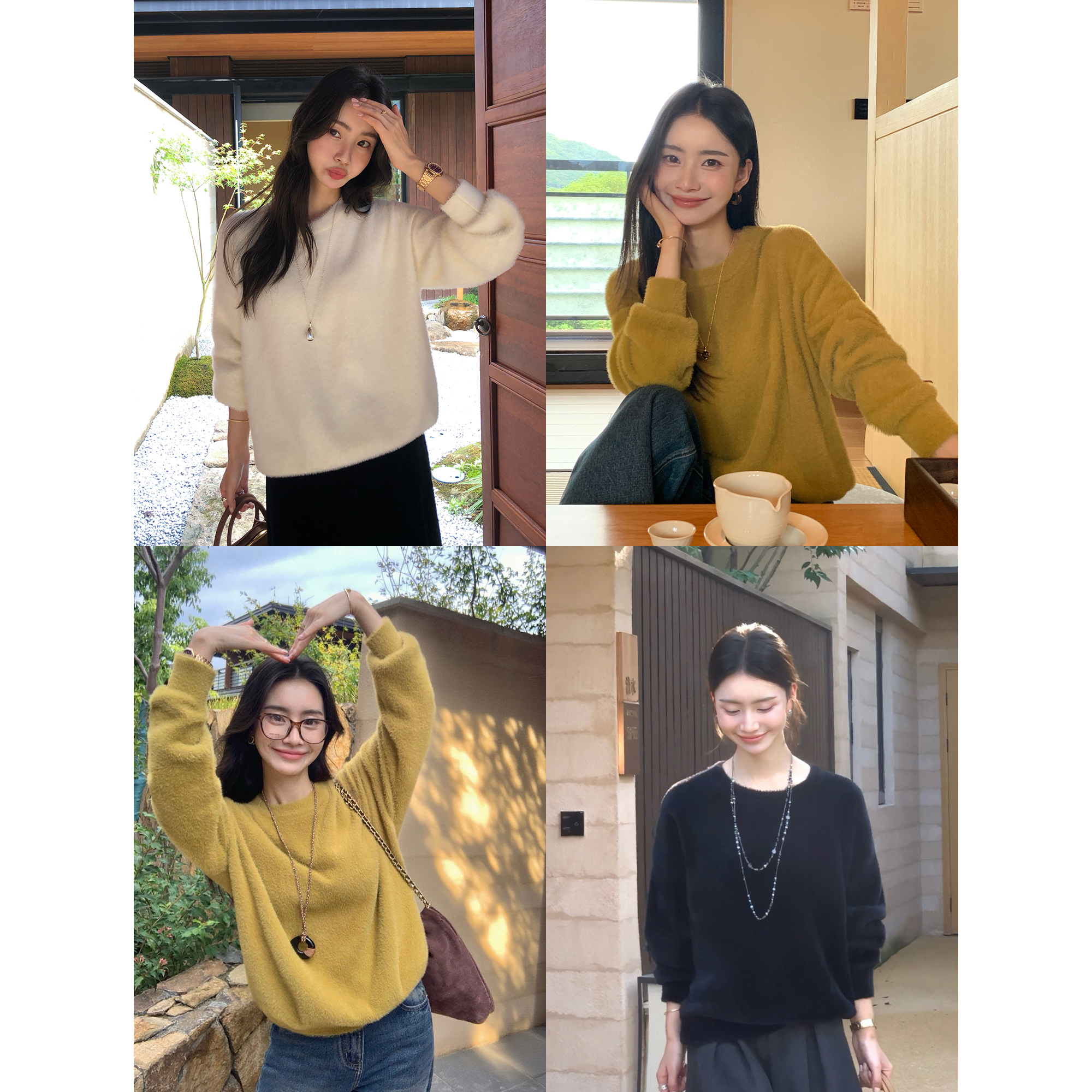 pusumede 温柔名单 软糯仿貂毛套头毛衣女气质圆领长袖针织上衣