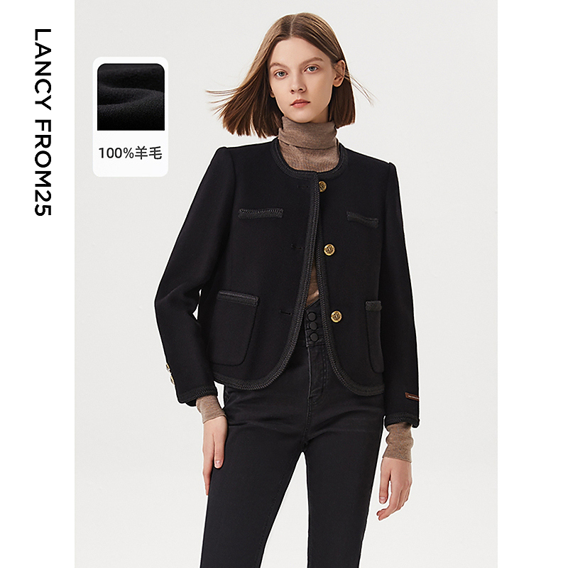 C117【赵老板】朗姿复古纯羊毛小香风短款修身毛呢外套女高级感气