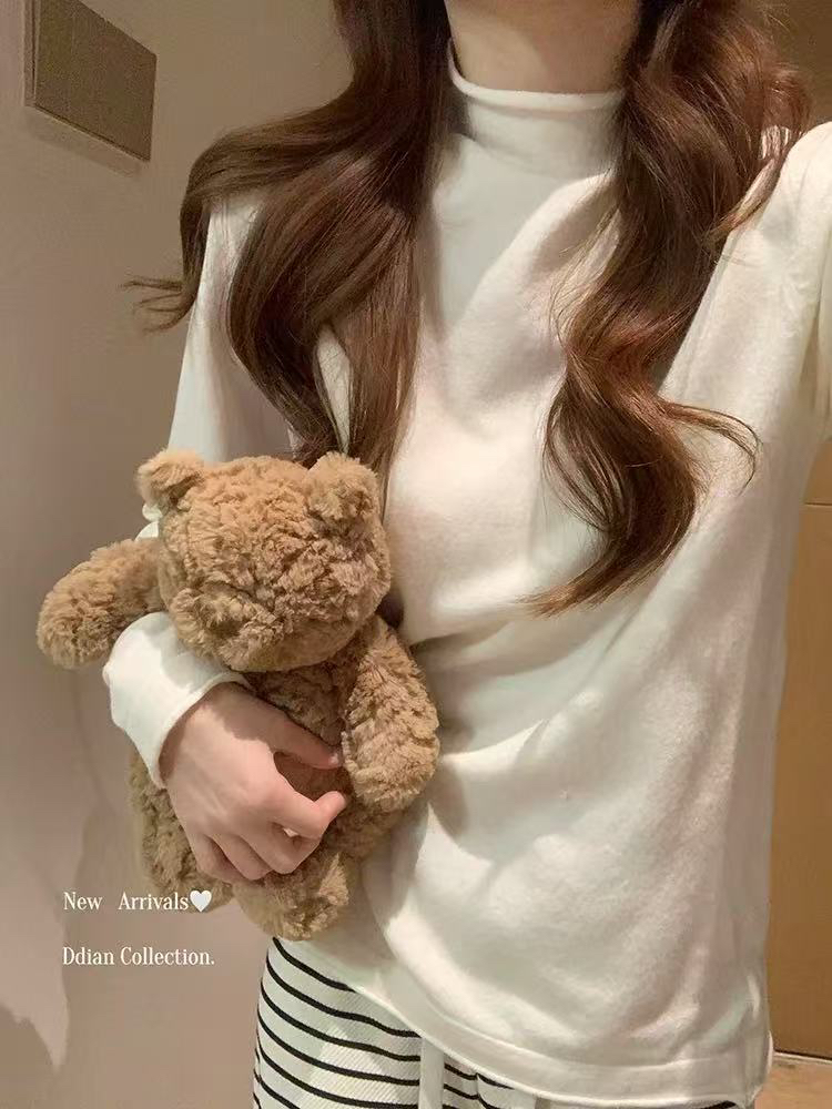 设计感卷边半高领针织衫女春季简约修身打底衫套头上衣