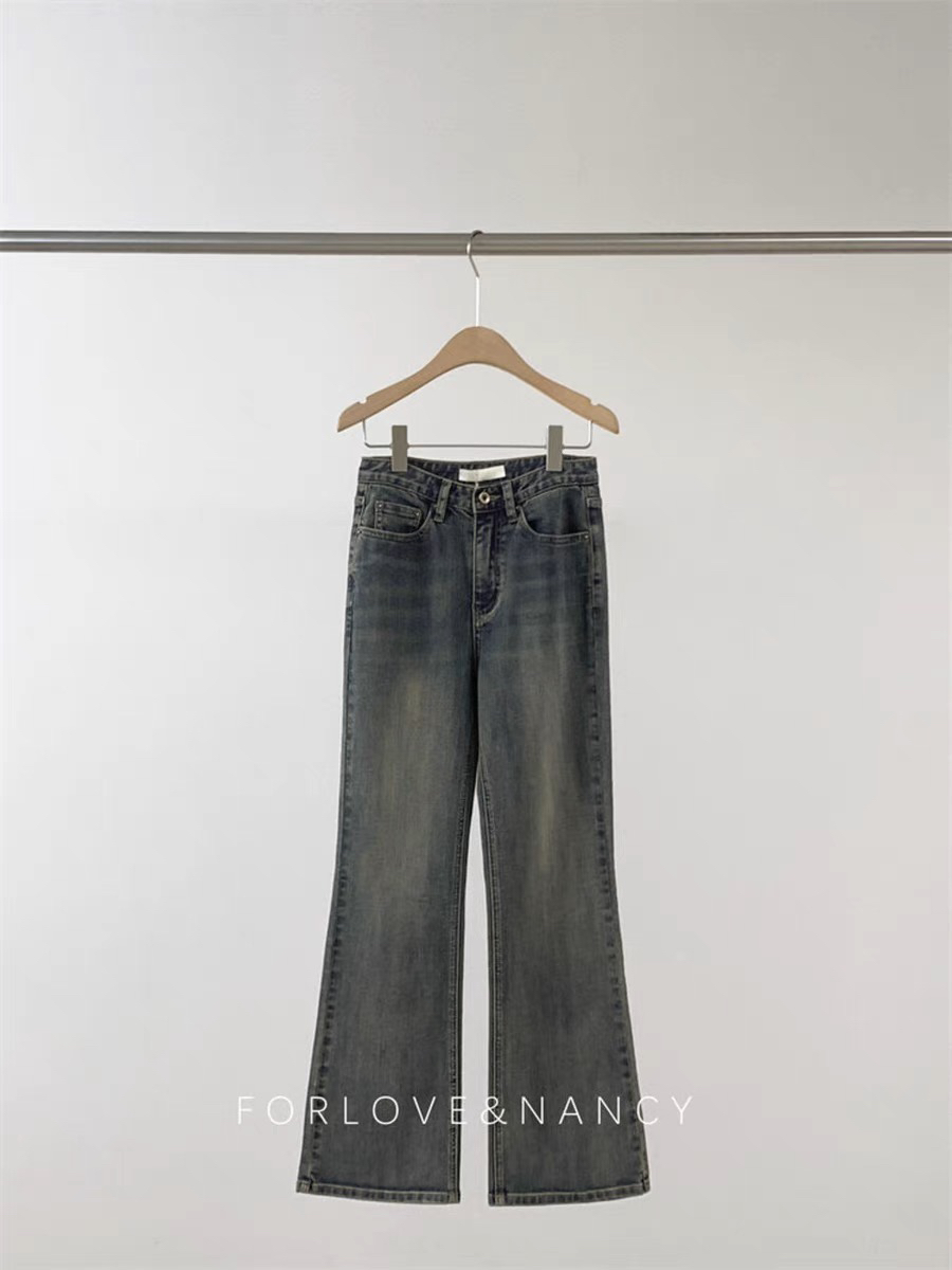 牛仔裤微弹力宽松高腰休闲蓝色长裤百搭裤子中腰阔腿裤复古