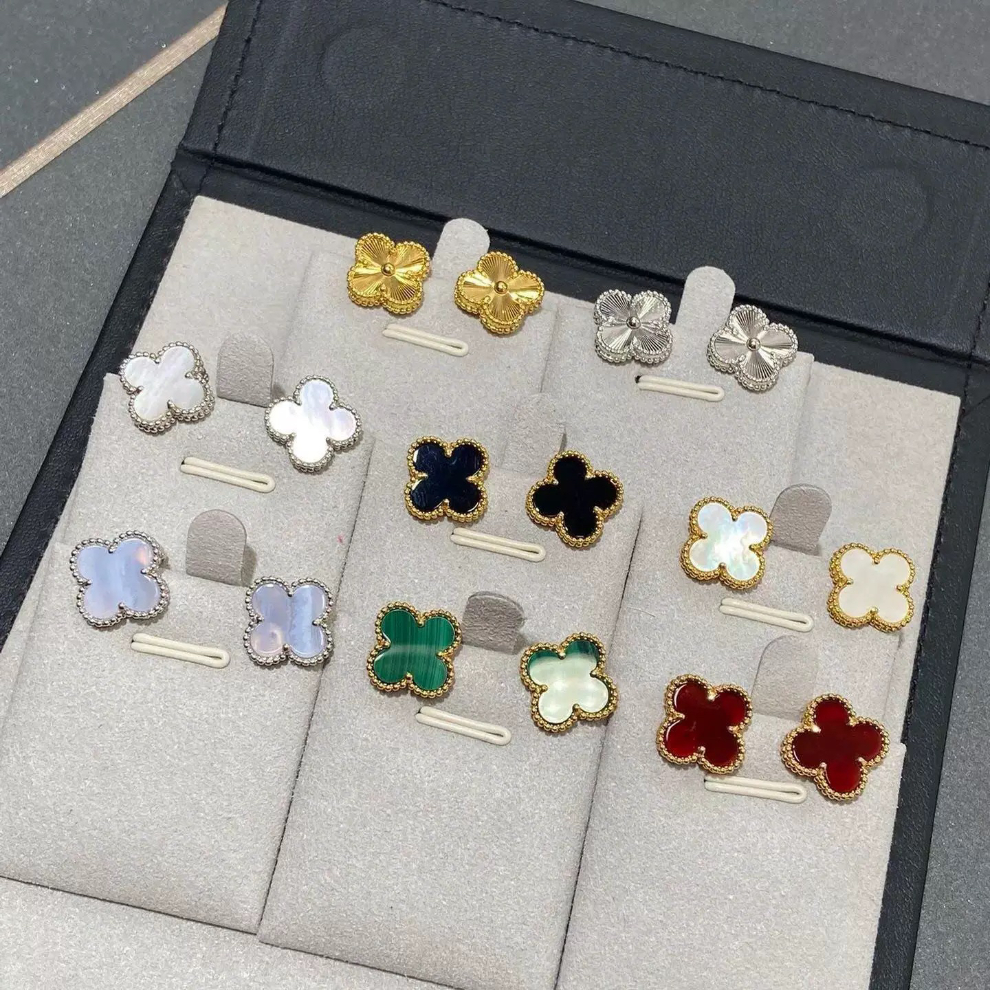 925银银制品 韩版耳饰新版V金镀925银四叶草耳饰红耳钉镶嵌套装