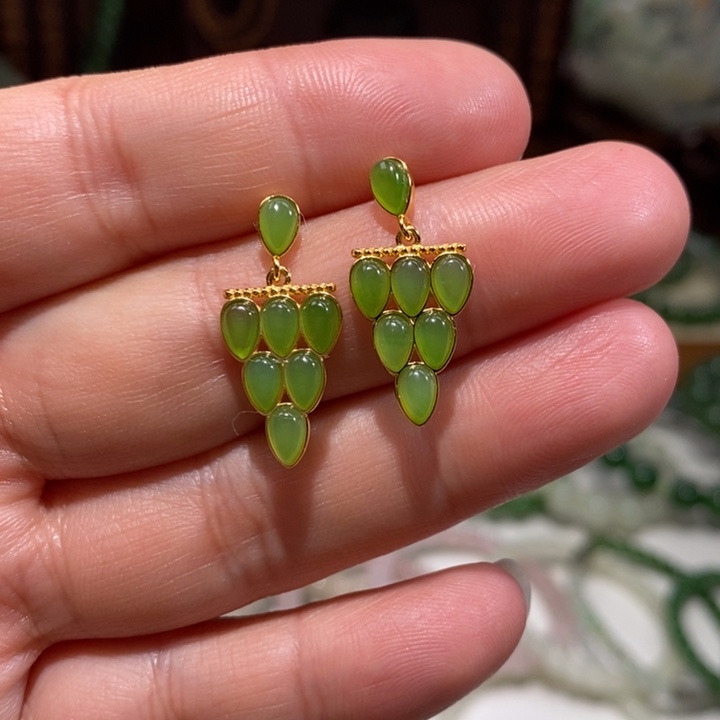 和田玉银S925镀金镶嵌耳饰