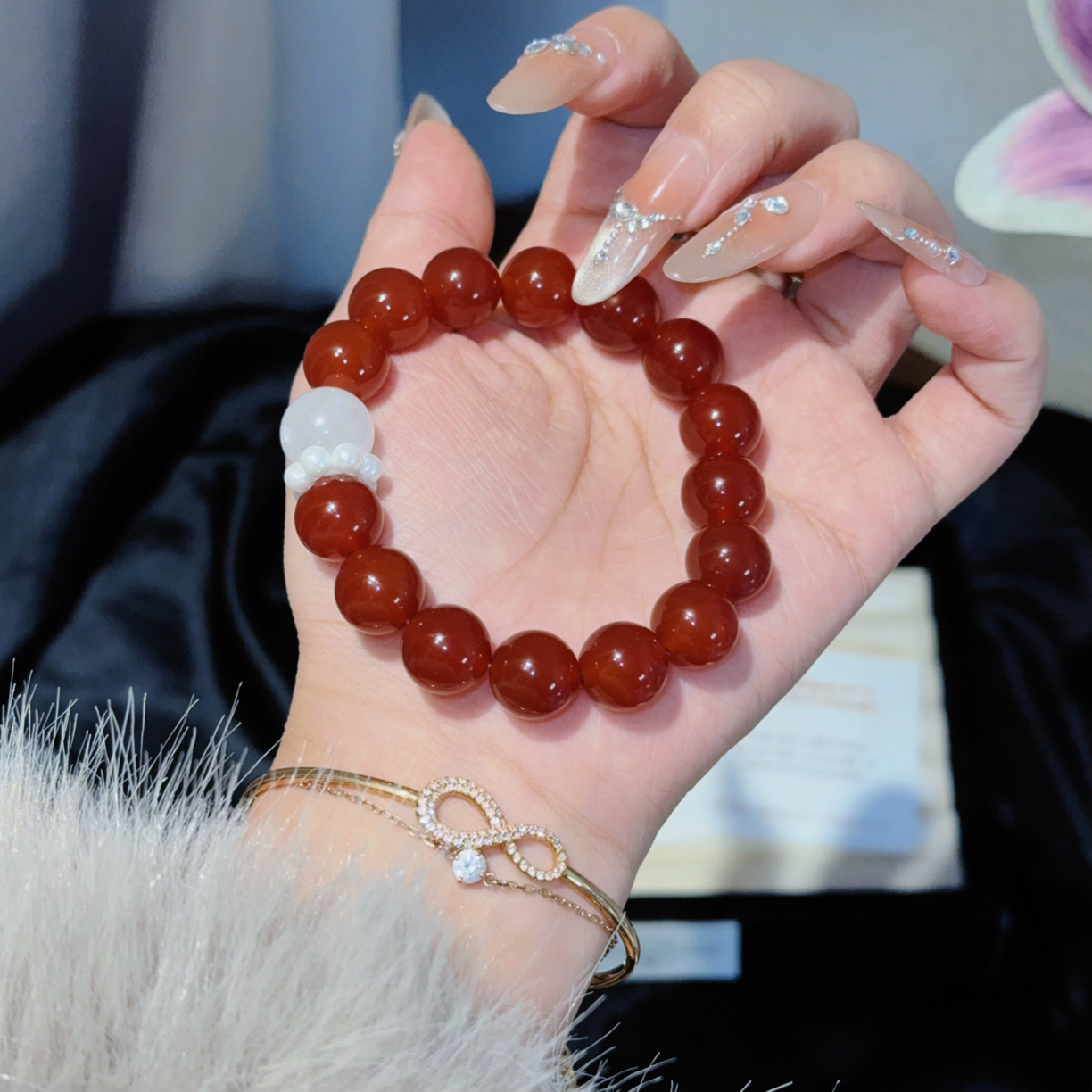 【双喜】12mm红玛瑙白幽灵原创设计天然水晶高端轻奢气质手串
