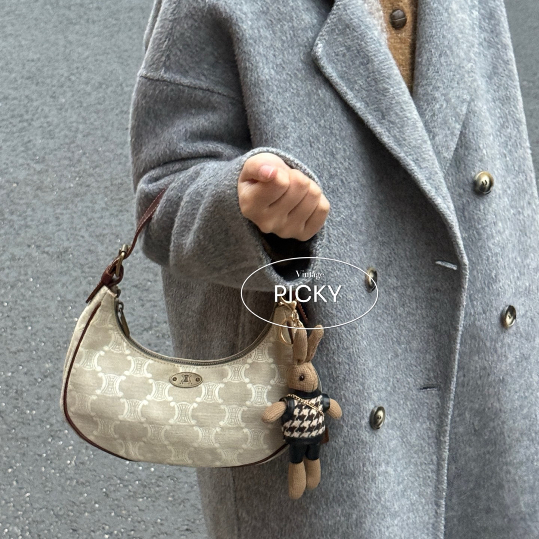 95新 Celine/思琳 浅灰咖色 凯旋门刺绣 Eva 豌豆包 单肩包