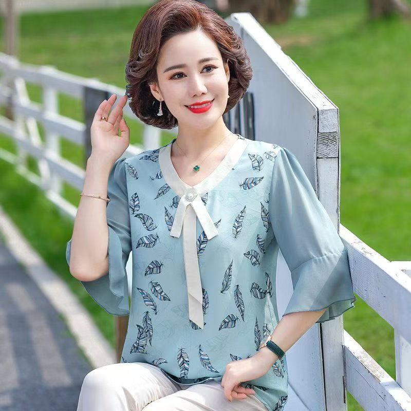 9195-中年妈妈装夏装套装中袖上显瘦中老年女装上衣夏【B仓西架子】