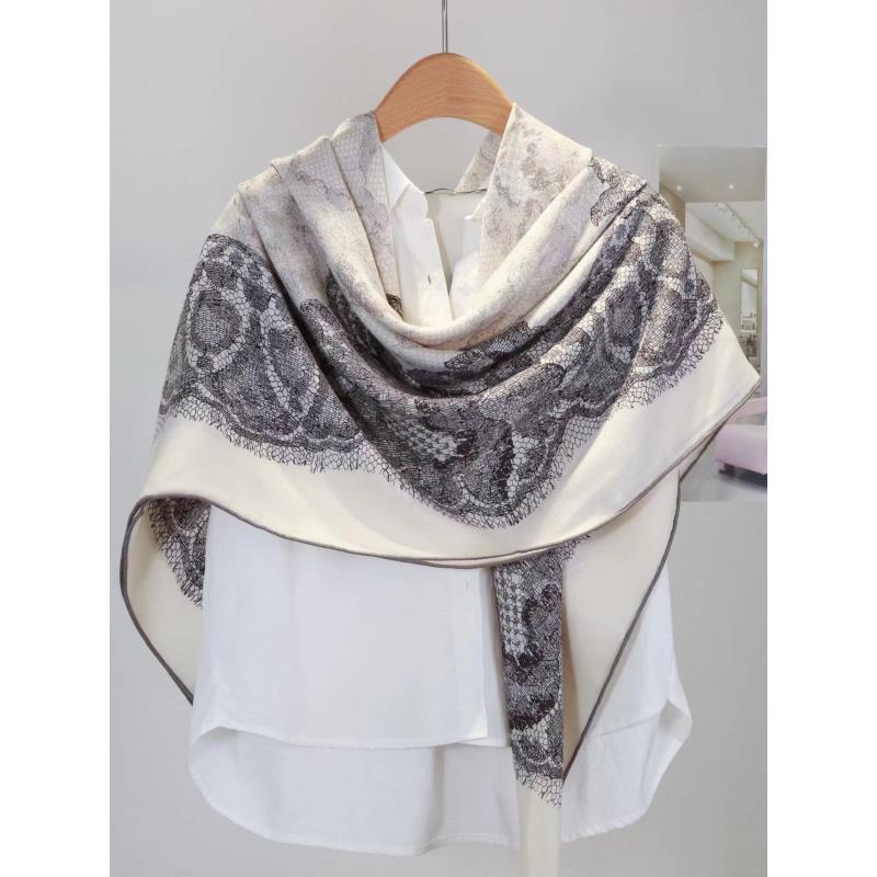 专属真丝羊毛lp钻石纹米灰色蕾丝网格135方巾丝巾围巾防晒大披肩H