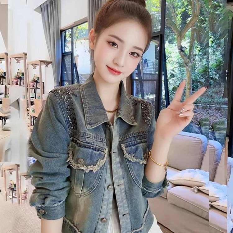 潮牌重工做旧钉珠毛边牛仔外套女2025年春夏新款复古港风短款上衣