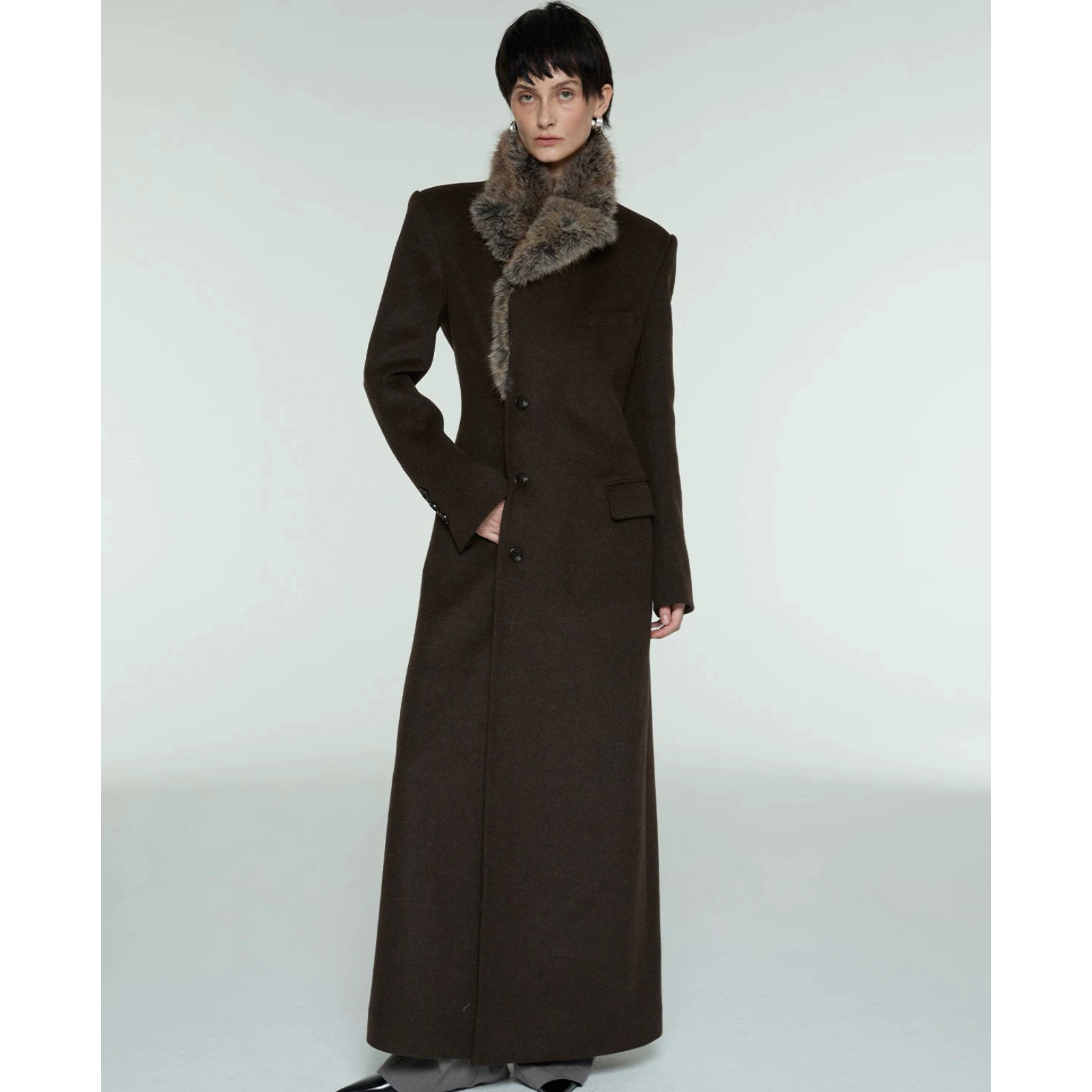 毛领咖色侧门襟大衣冬季毛呢外套 博主同款SIP CLASS