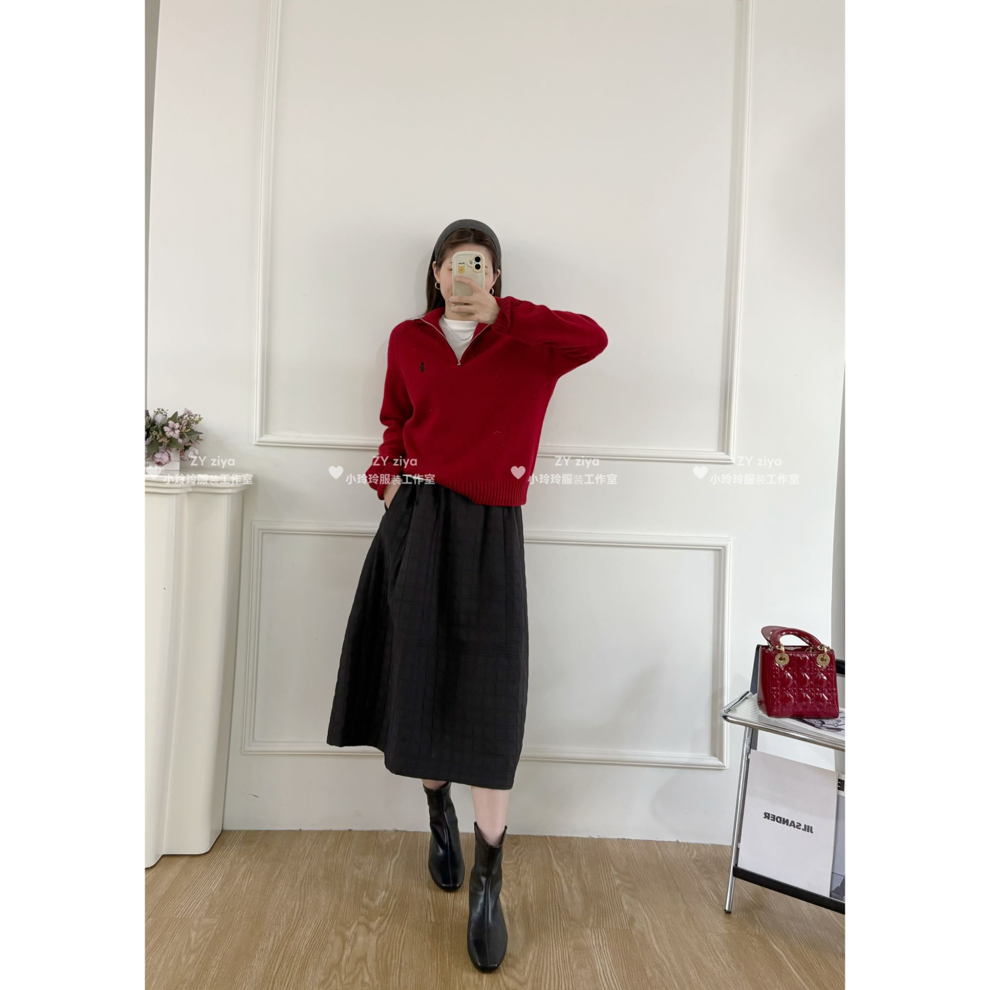 原创设计松紧腰格纹半裙87063