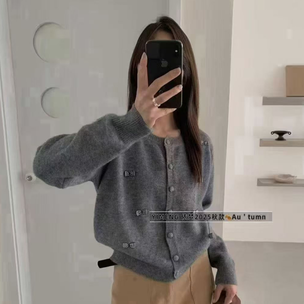 针织蝴蝶毛针织衫静奢风针织开衫慵懒风灰色上衣纯色