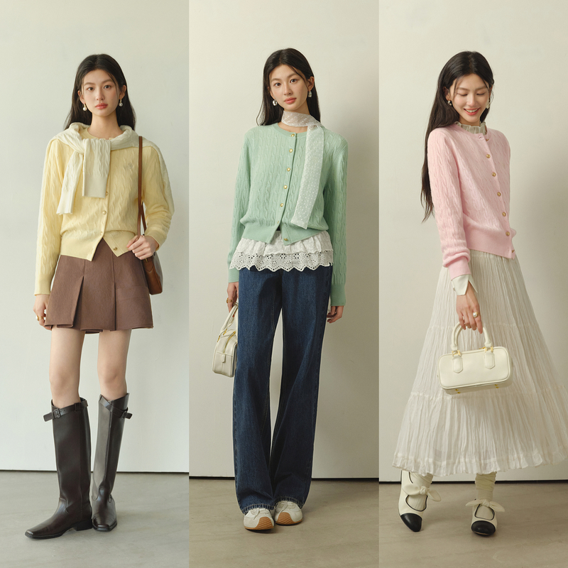 【爆款升级】诗凡黎春日特调色绞花针织开衫老钱风毛衣7G8332821