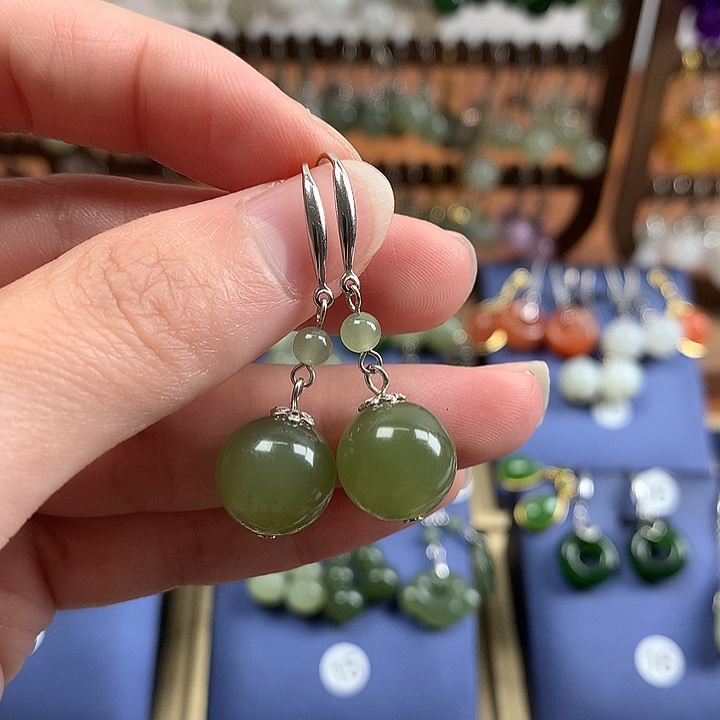 银S925镶嵌和田玉耳饰12左右冰湖水绿
