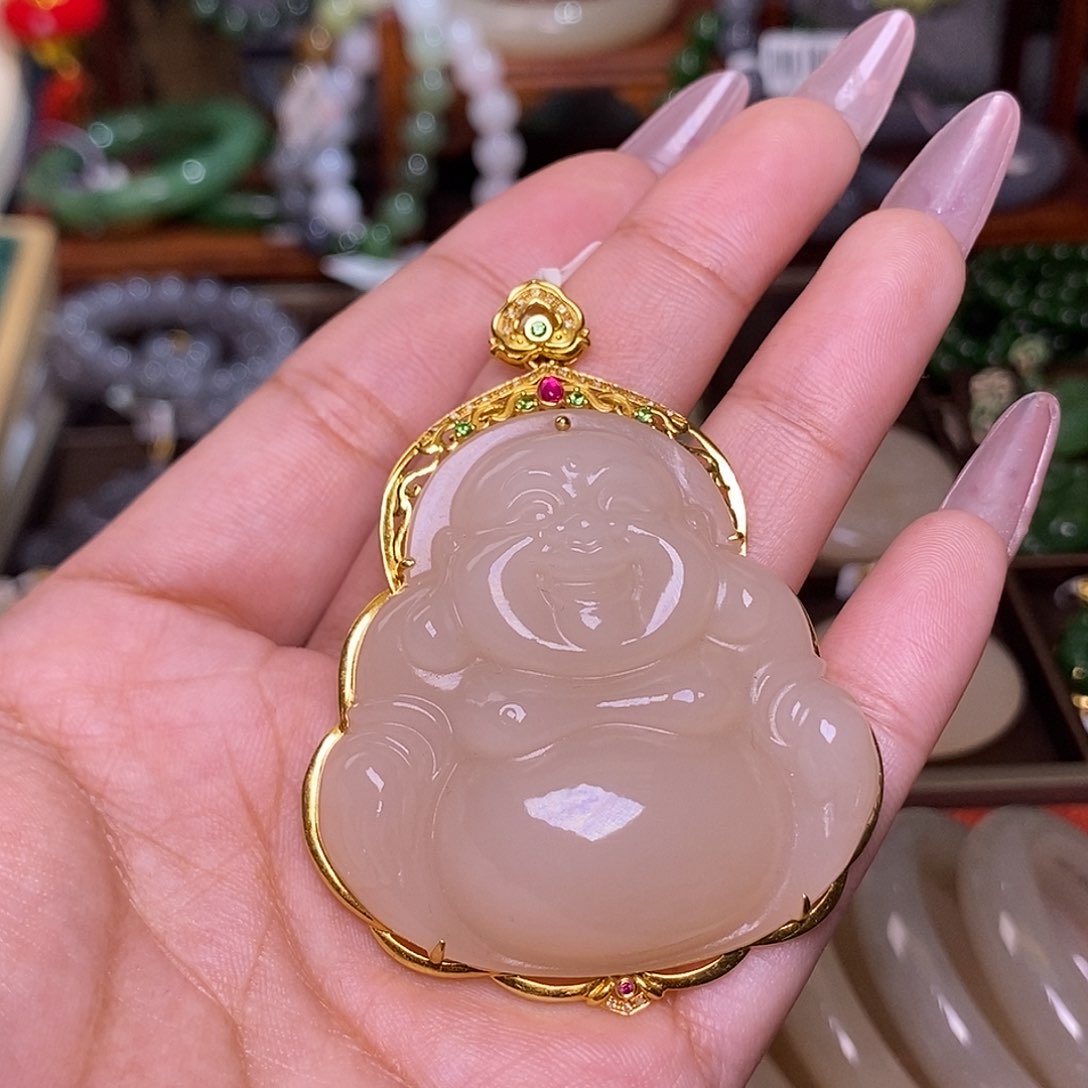 和田玉藕粉老矿料收藏毕业级金镶佛公吊坠未镶嵌