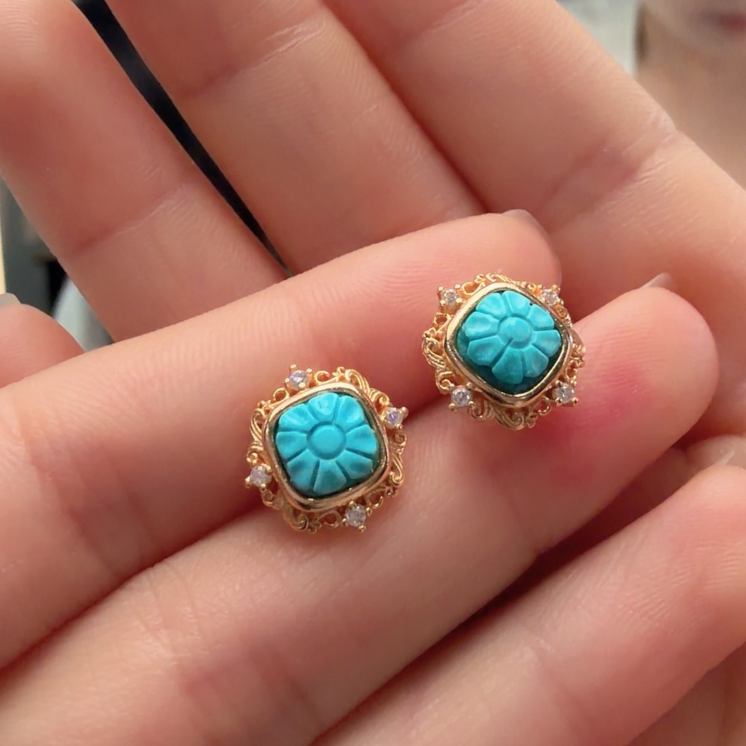 绿松石银S925镶嵌耳饰