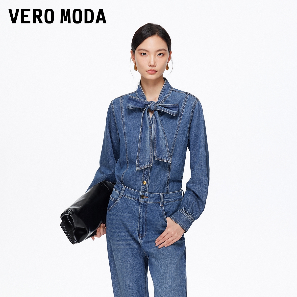 Vero Moda衬衫2025秋冬新款纯棉蝴蝶结系带设计牛仔衬衫老钱风女