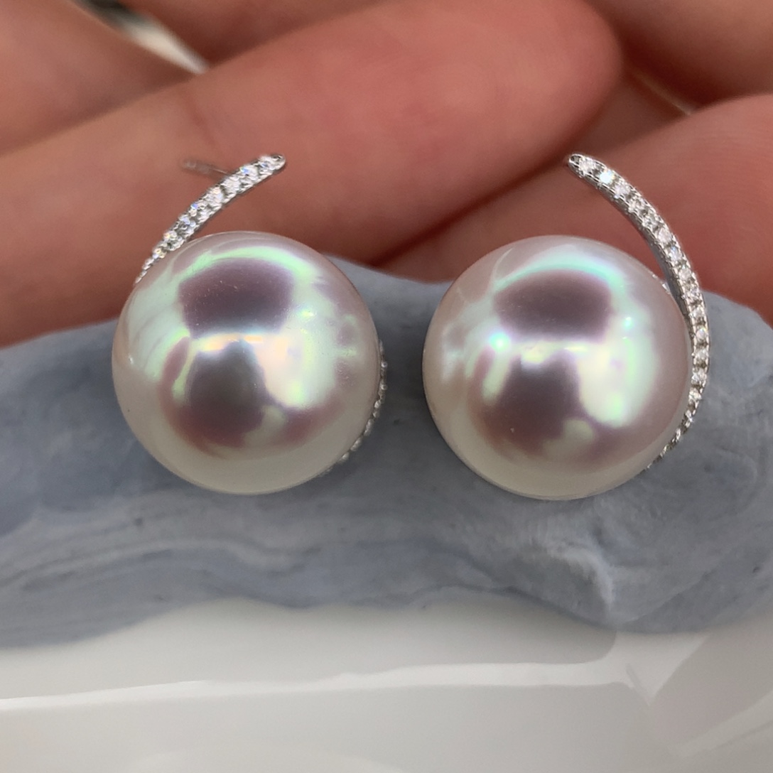 定制海水珍珠银S925镶嵌耳饰12-13mm宝石光澳白裸珠两颗