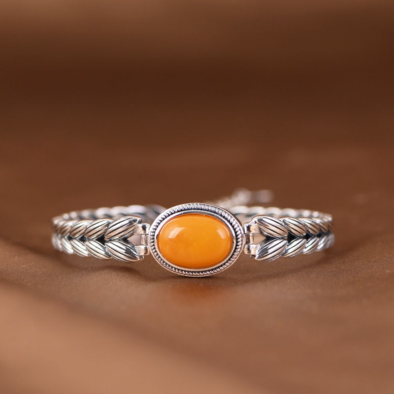 925银手镯 S925银饰品女士麦穗手镯开口手环手链纯银复古