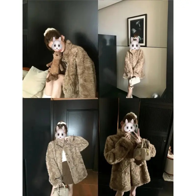 小熊心事立领染尖中长款毛毛外套女冬季慵懒休闲加厚毛